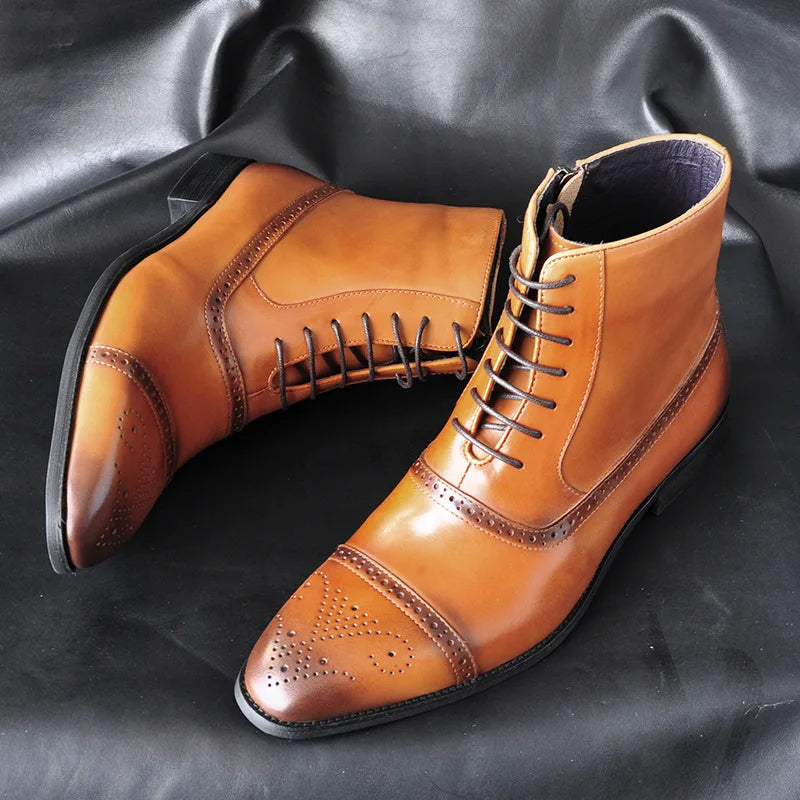 2024 British Style Fashion Footwear Men's PU Leather Brogue Boot Dress Shoes Men Ankle Boots
