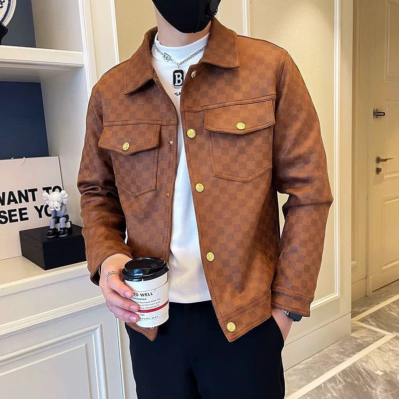 2025 Autumn Winter Suede Plaid Jacket for Men Lapel Slim Fit Casual Business Bomber Jacket Social Streetwear Windbreaker Coat