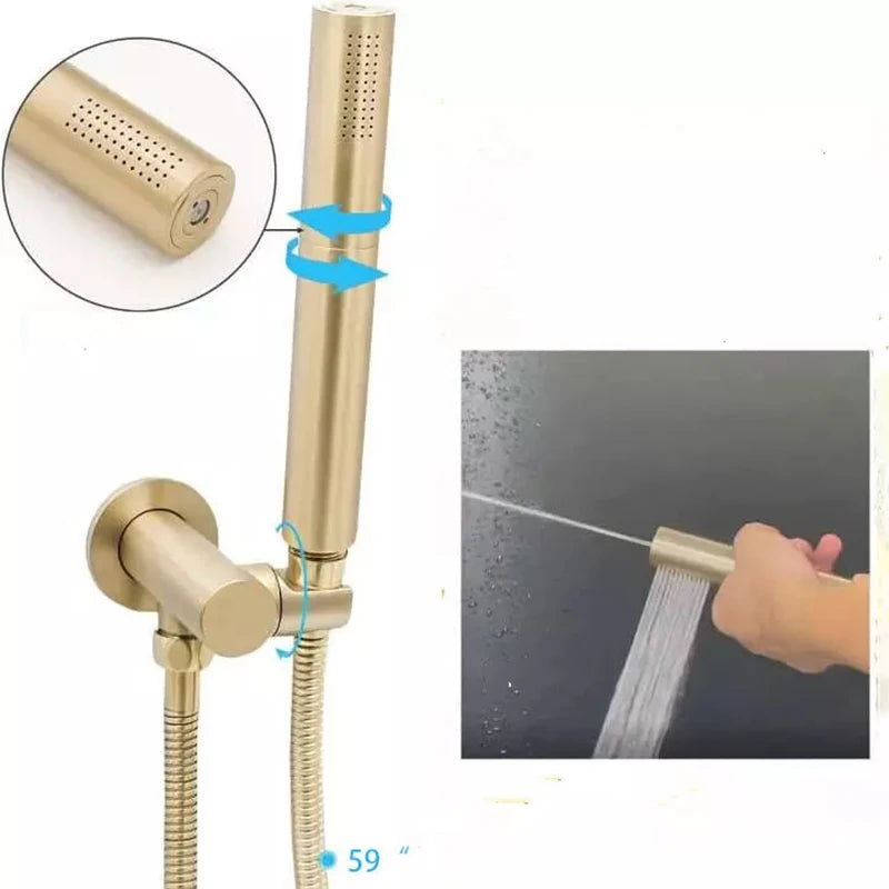 12-Inch Brushed Gold LED Rain Shower Head System Thermostatic Mixer with Single Handle Contemporary Brass Design for Hotels