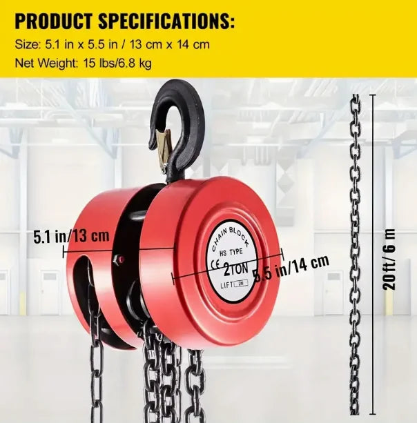 2 Ton (4400 Lbs) Industrial Steel Hand Chain Hoist, 20ft Lift, Red, for Warehouse/Workshop/Transport CE Certified