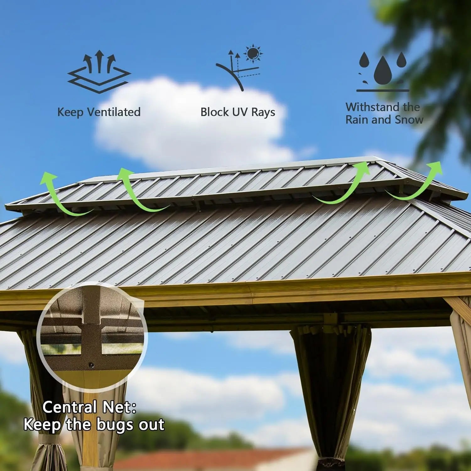 14'x24' Hardtop Aluminum Outdoor Gazebo Canopy Extra Large Double Roof Curtains Galvanized Steel Pavilion for Patio Deck