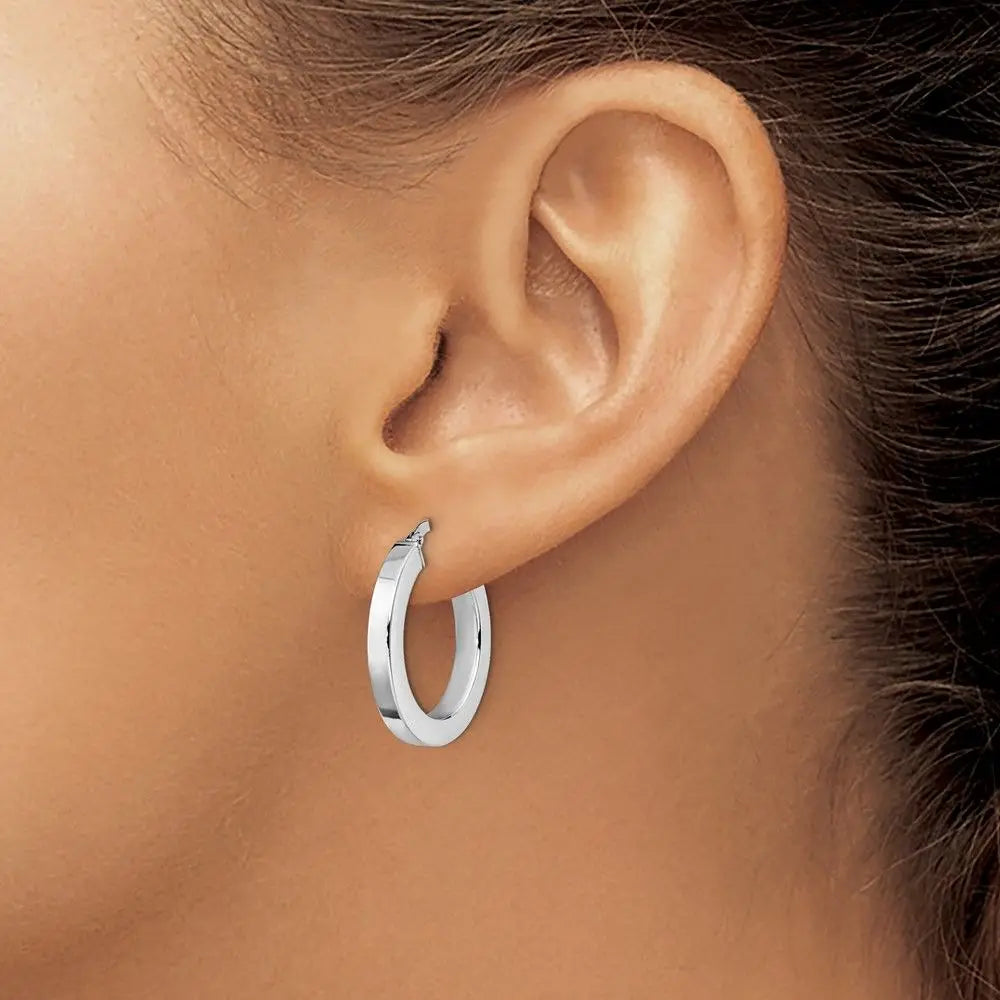 14K with White Rhodium Plating Polished Hoop Earrings
