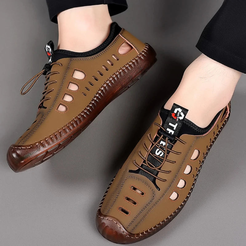 Summer Men's Leather Sandals Tendon Sole Slip on Flat Casual Sandals Outdoor Beach Sandal Shoes for Men Sandalias De Hombre 2025