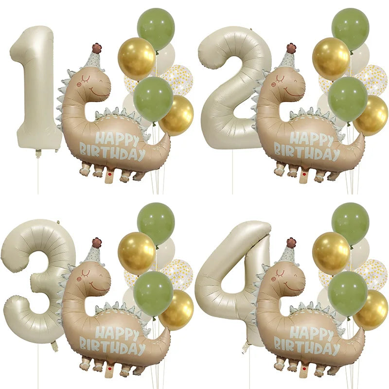 Retro Matte Caramel Colored Dinosaur Aluminum Film Number Balloon Set Happy Birthday Party Decoration Kids Background Photo Prop