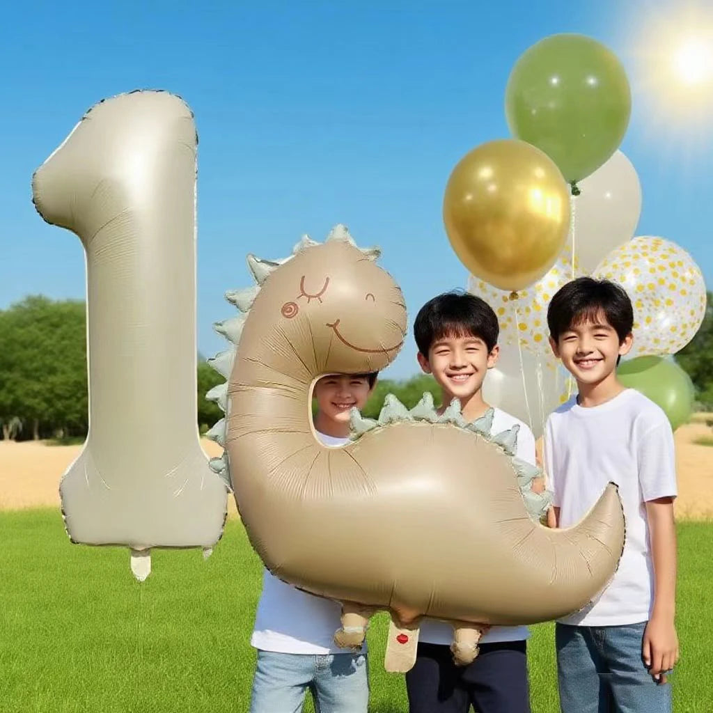 Retro Matte Caramel Colored Dinosaur Aluminum Film Number Balloon Set Happy Birthday Party Decoration Kids Background Photo Prop