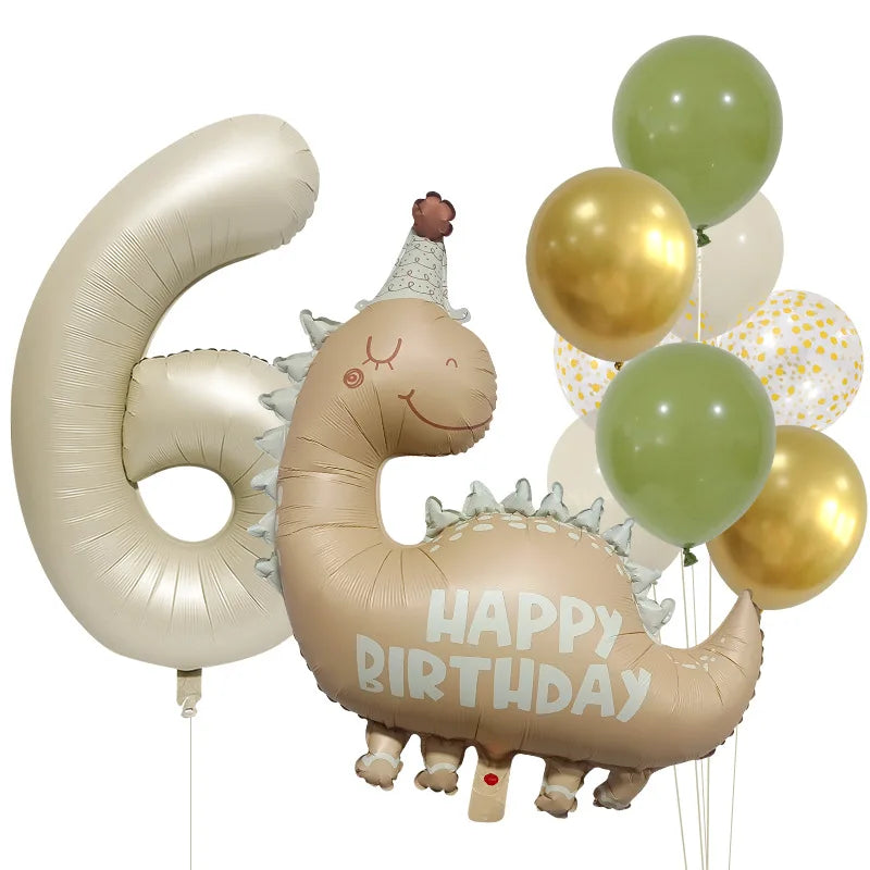 Retro Matte Caramel Colored Dinosaur Aluminum Film Number Balloon Set Happy Birthday Party Decoration Kids Background Photo Prop