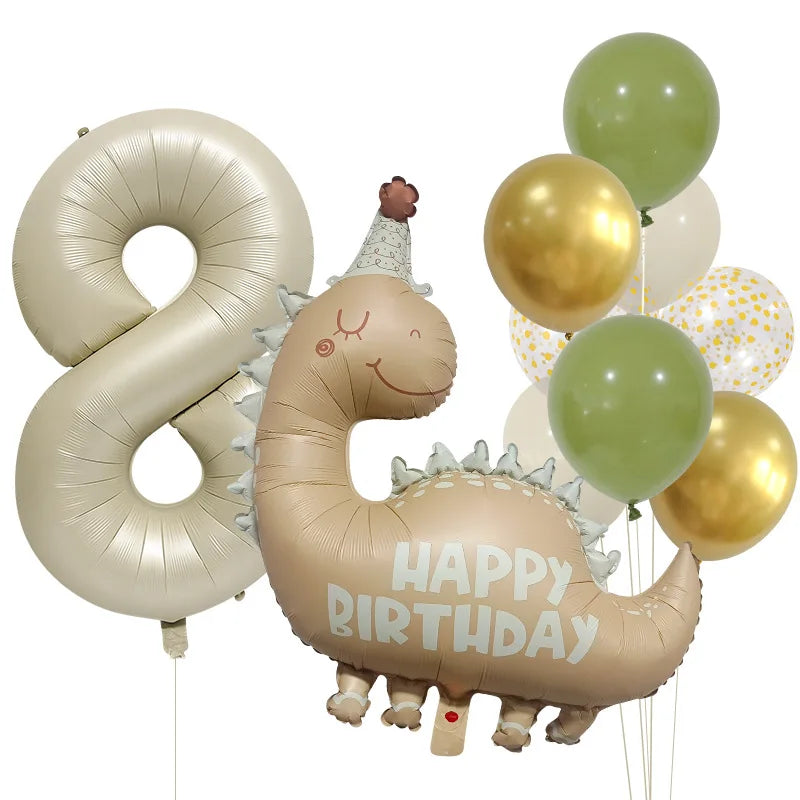 Retro Matte Caramel Colored Dinosaur Aluminum Film Number Balloon Set Happy Birthday Party Decoration Kids Background Photo Prop