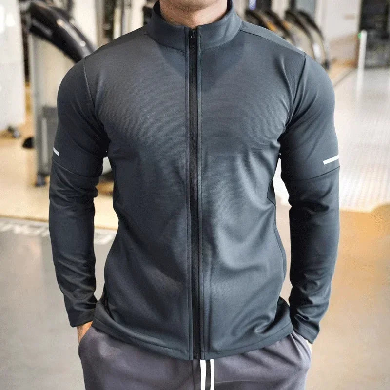 Men's Sports Fitness Casual Tops Long Sleeve Stand Up Collar Solid Colour Jacket Jogging Workout Sweatshirt with Zip Running