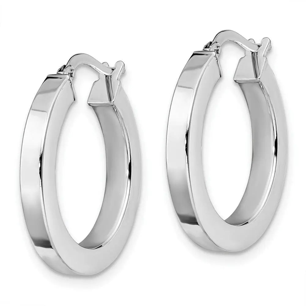 14K with White Rhodium Plating Polished Hoop Earrings
