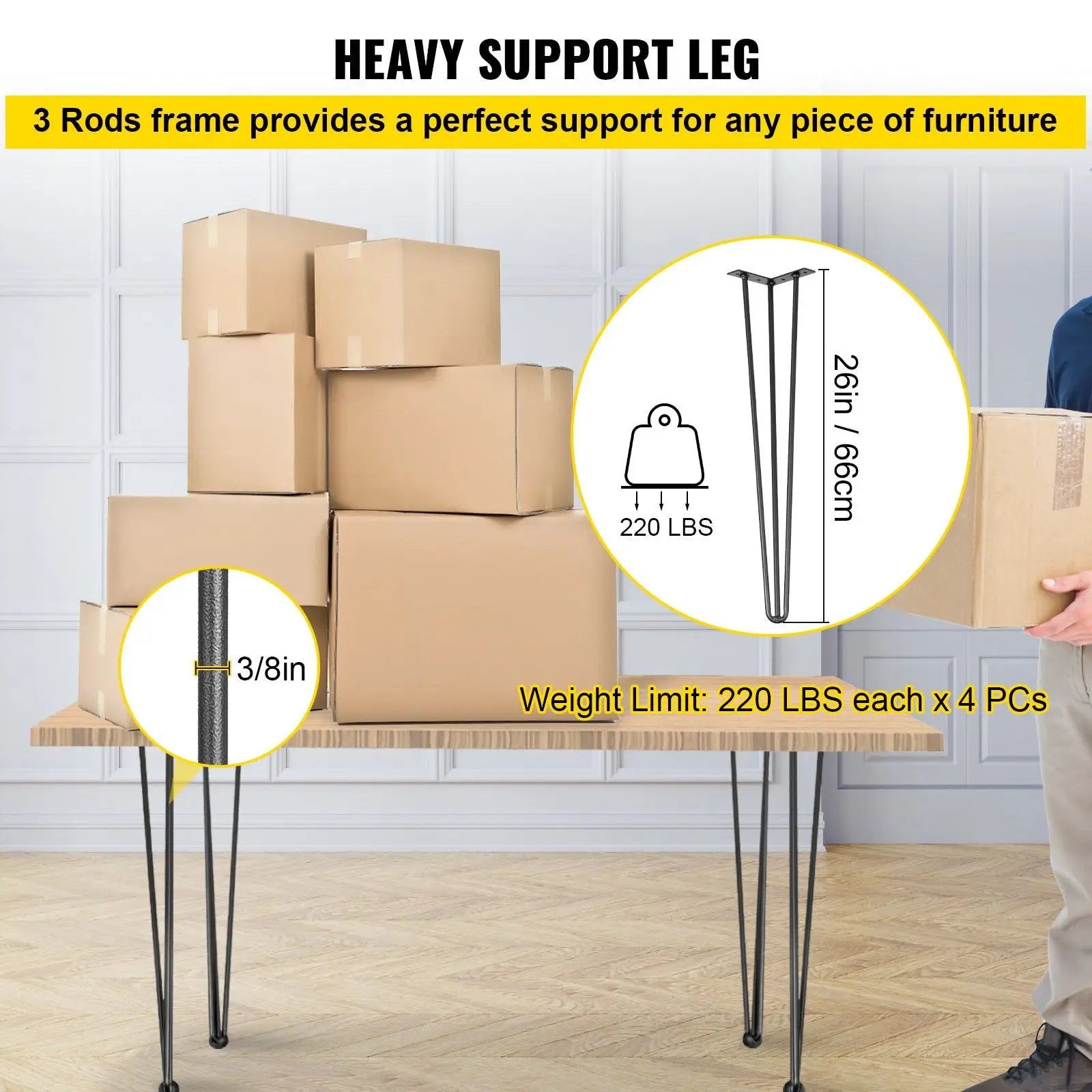 Hairpin Table Legs 26" Black Set of 4 Desk Legs 880lbs Load Capacity (Each 220lbs) Hairpin Desk Legs 3 Rods for Bench Desk Dinin