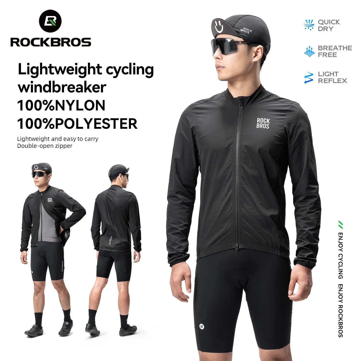 ROCKBROS Cycling Jacket Lightweight Windproof Clothing Long-sleeved Bike Windbreaker Reflective Breathable Jacket EUR Size