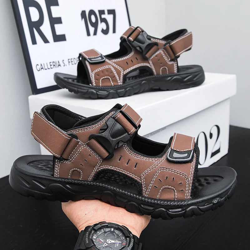 Summer Men Sandals PU Leather Lightweight Open Toe Flat Mens Casual Shoes Outdoor Walking Sandals for Men Beach Shoes Size 39-46