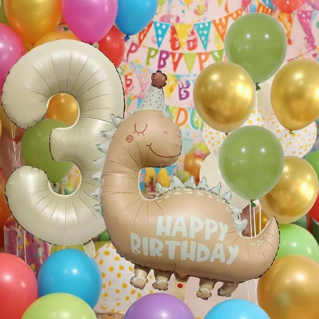 Retro Matte Caramel Colored Dinosaur Aluminum Film Number Balloon Set Happy Birthday Party Decoration Kids Background Photo Prop