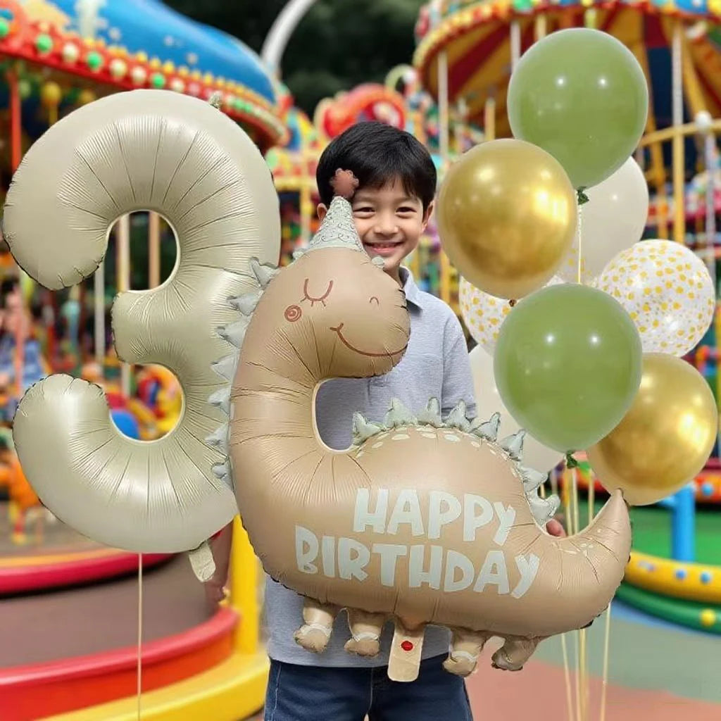 Retro Matte Caramel Colored Dinosaur Aluminum Film Number Balloon Set Happy Birthday Party Decoration Kids Background Photo Prop