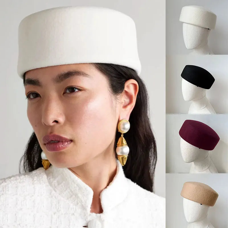 Retro Flight Attendant Ball Hat Women's 100% Wool Felt Beret Party Charming Hat Wedding Cocktail Party Medicine Box Hat
