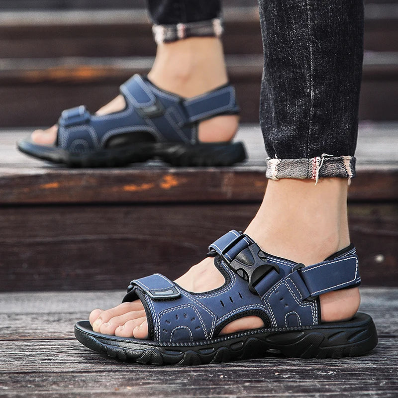 Summer Men Sandals PU Leather Lightweight Open Toe Flat Mens Casual Shoes Outdoor Walking Sandals for Men Beach Shoes Size 39-46