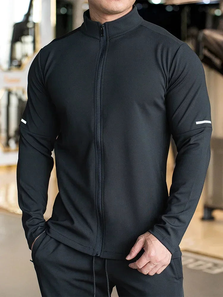 Men's Sports Fitness Casual Tops Long Sleeve Stand Up Collar Solid Colour Jacket Jogging Workout Sweatshirt with Zip Running