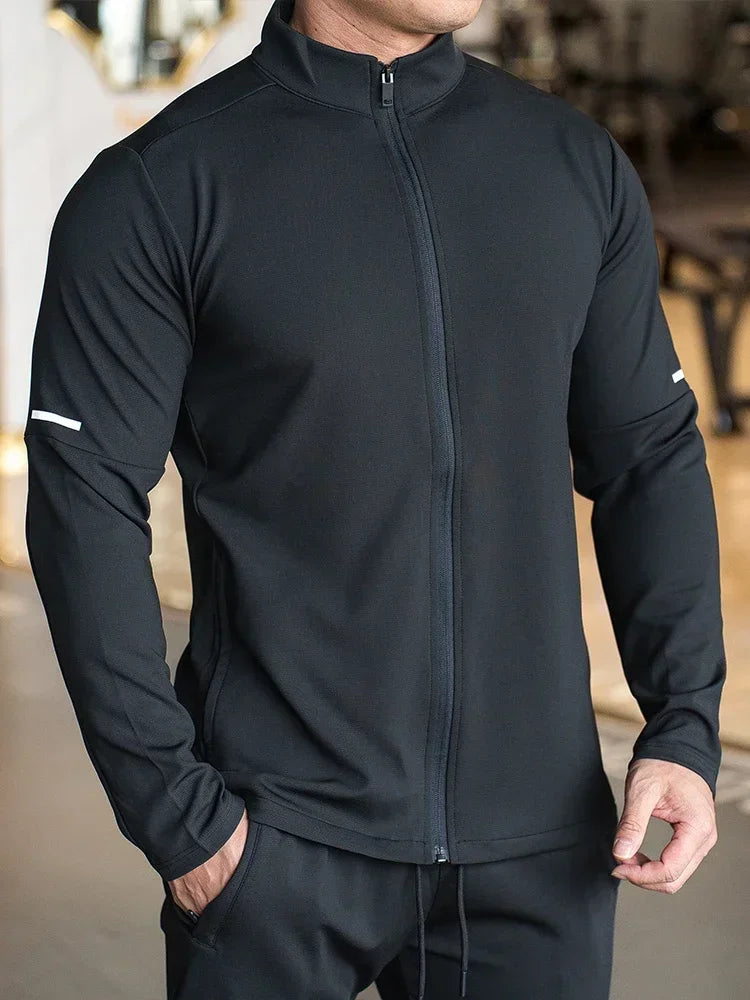Men's Sports Fitness Casual Tops Long Sleeve Stand Up Collar Solid Colour Jacket Jogging Workout Sweatshirt with Zip Running
